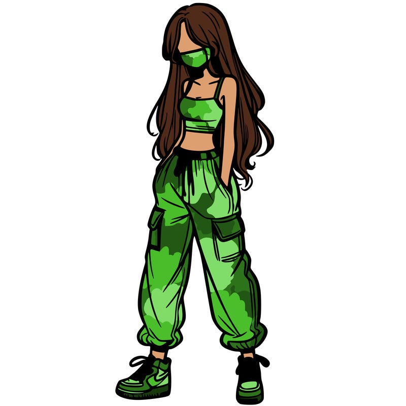 girl in baggy pants crop top and long hair