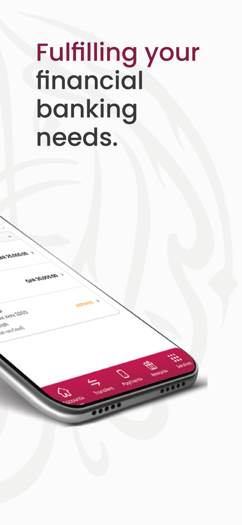 CBQ Mobile - Interfaz de la aplicación bancaria CBQ Mobile que muestra saldos de cuenta y servicios financieros.