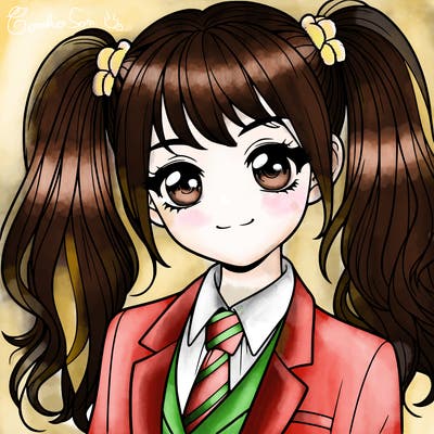 realistic girl with two ponytails and a suit on