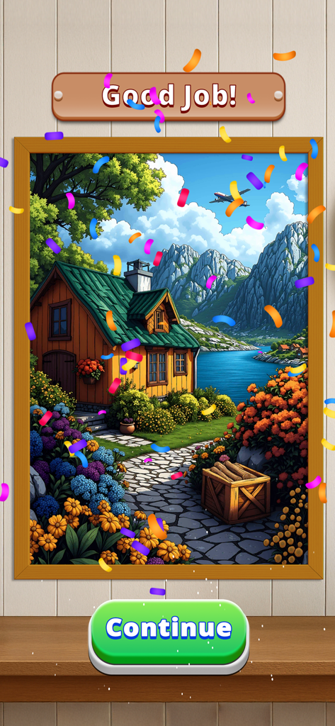 Daily Jigsaw - Zen Puzzles - A completed digital jigsaw puzzle of a scenic lakeside cabin with colorful confetti and a Good Job message.
