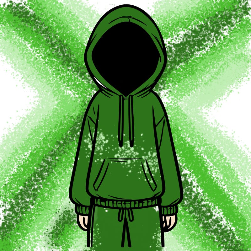 faceless girl in a tracksuit with a hood on and no hair