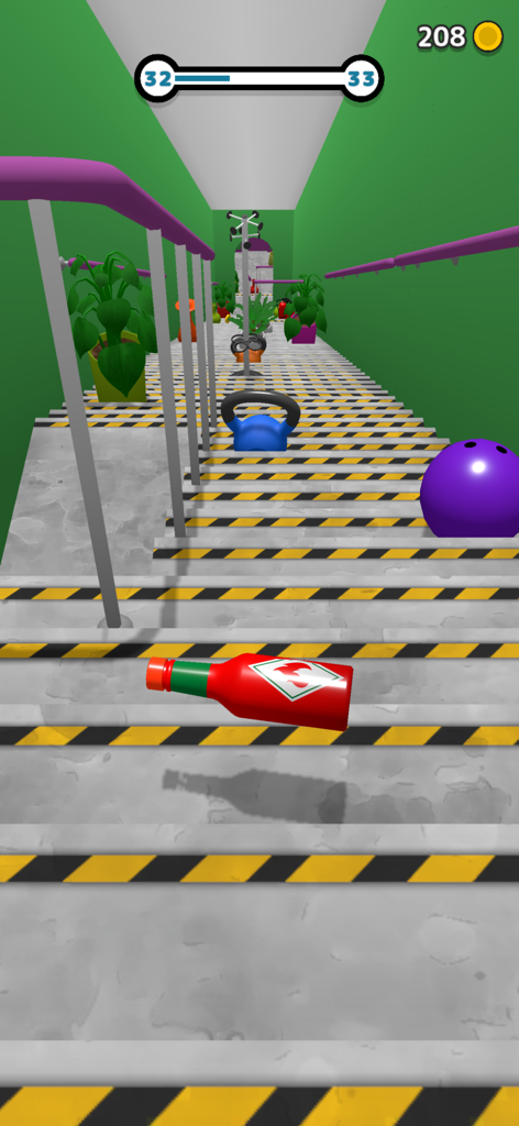 Rolling Down Bottles - A red bottle rolling down stairs past a bowling ball and kettlebell obstacles in a mobile game.