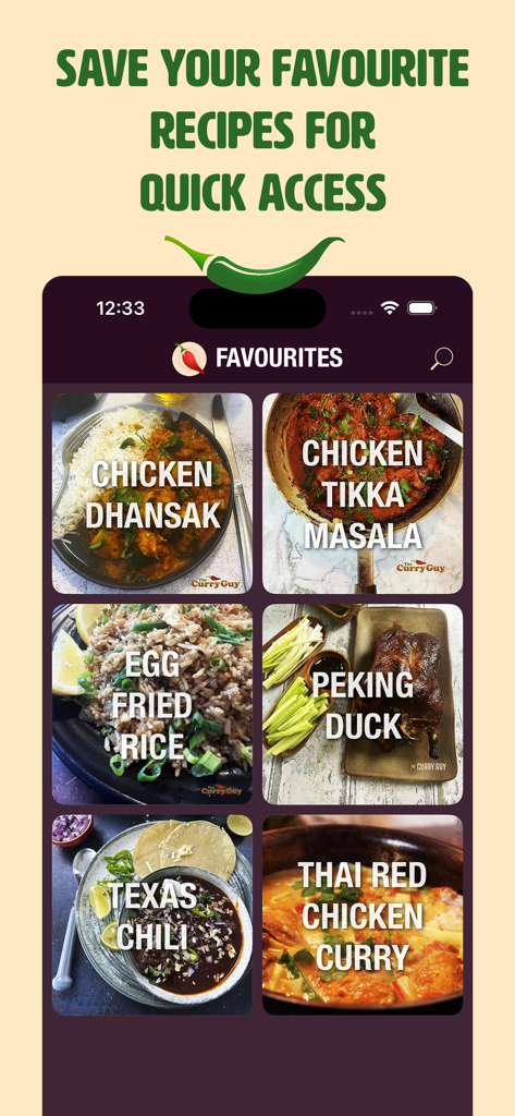 The favorites screen in The Curry Guy app showing a collection of saved recipes