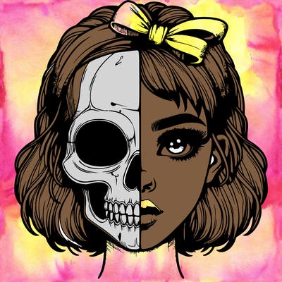 realistic girl with half skull mask