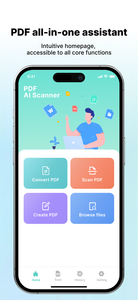 PDF AI Scanner - PDF AI Scannerアプリのホームページ。ファイル変換、スキャン、作成、ブラウズのオプションが表示されています。
