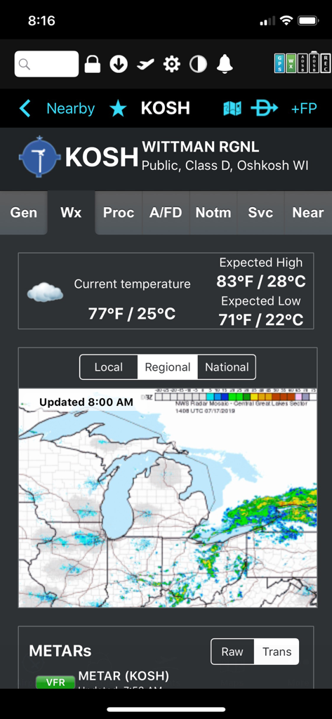 Weather display for Wittman Regional Airport featuring temperature and regional radar in the FlyQ plus EFB app