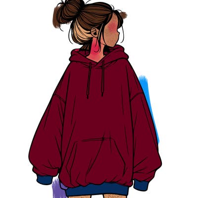 realistic girl with a oversized sweatshirt on and a bun
