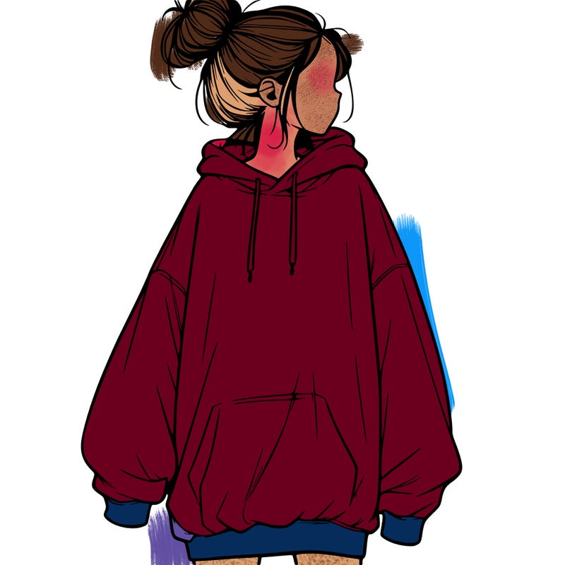 realistic girl with a oversized sweatshirt on and a bun