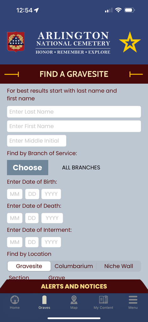 ANC Explorer - ANC Explorer app search form to find a gravesite at Arlington National Cemetery by name and dates