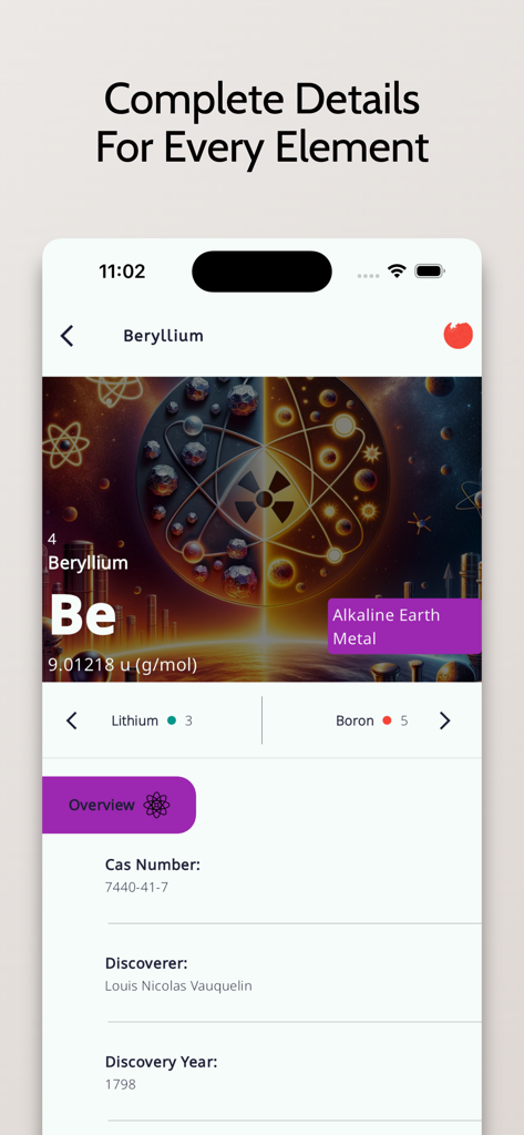 Periodic Table: 2025 Chemistry - Detailed view of Beryllium properties including molar mass and discovery history in the Periodic Table app