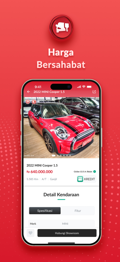 OTOS - Garansi & Bursa Mobil - Mobile app screen showing a used 2022 MINI Cooper with price and vehicle details