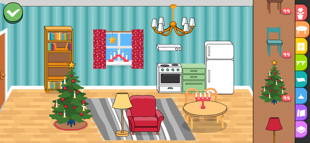 Juego de decoración de interiores en la aplicación Alfie Atkins que muestra una sala de estar y una cocina con un árbol de Navidad