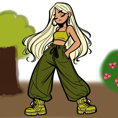 girl in baggy pants crop top and long hair