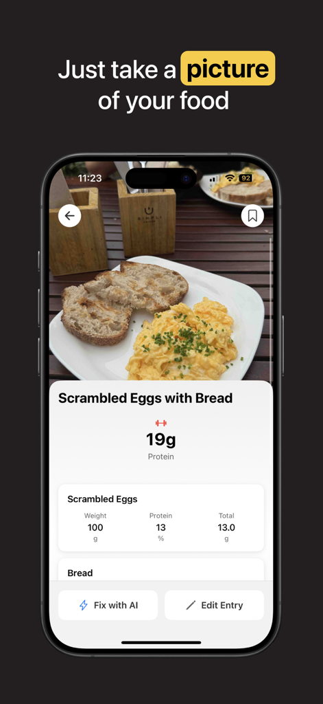 Protein AI - Protein Tracker - Protein AI app interface showing an AI-powered meal analysis of scrambled eggs and bread estimating 19 grams of protein