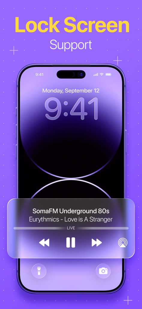 Radio: Live FM AM - Pantalla de bloqueo de iPhone mostrando los controles de reproducción para la aplicación Radio Live FM AM