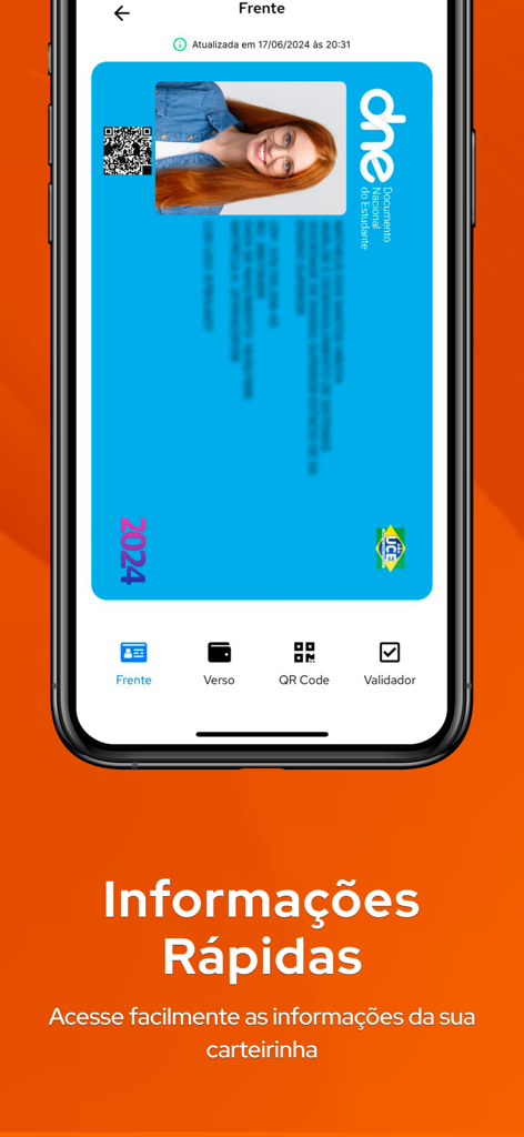 Vou de Meia - Tela de smartphone exibindo a frente de uma identidade estudantil digital na interface do aplicativo Vou de Meia.