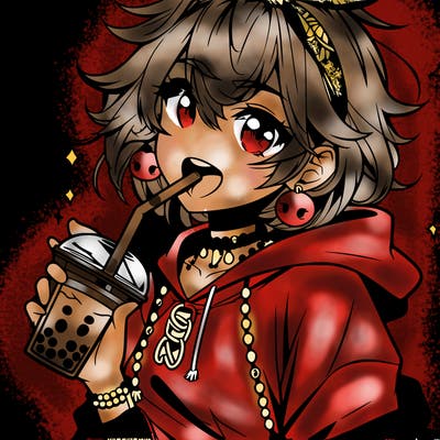 hot baddie anime girl drinking boba and biting the straw