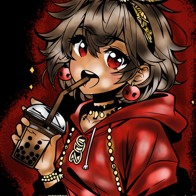 hot baddie anime girl drinking boba and biting the straw