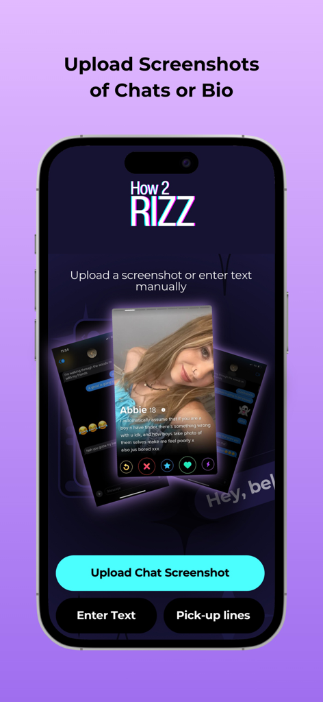 Pick Up Lines: How2Rizz - Interface of the How2Rizz app showing the feature to upload dating chat screenshots for AI response generation.