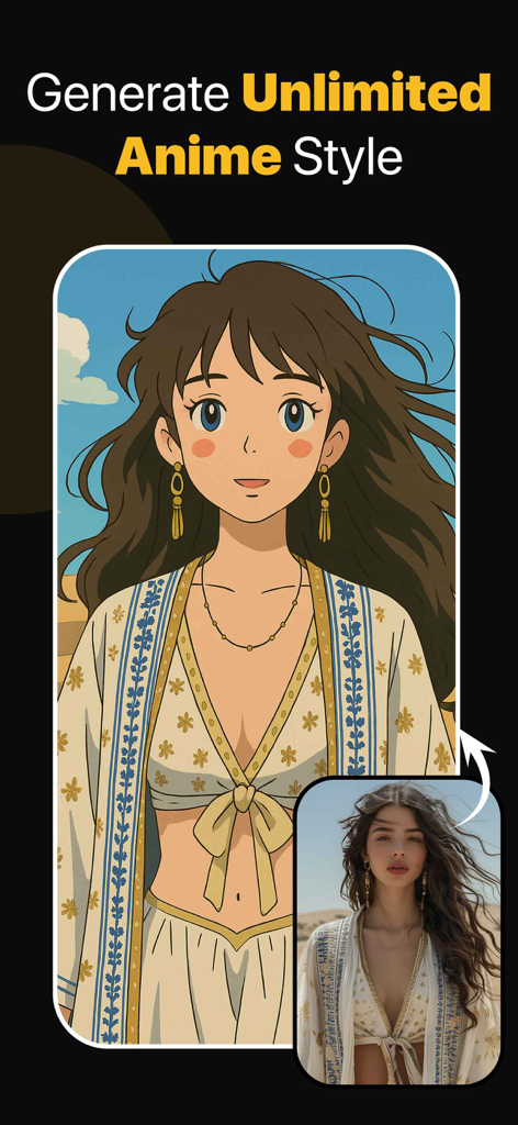 AI Anime Image Editor - Uma comparação lado a lado mostrando uma foto real de uma mulher convertida em uma ilustração de alta qualidade em estilo anime