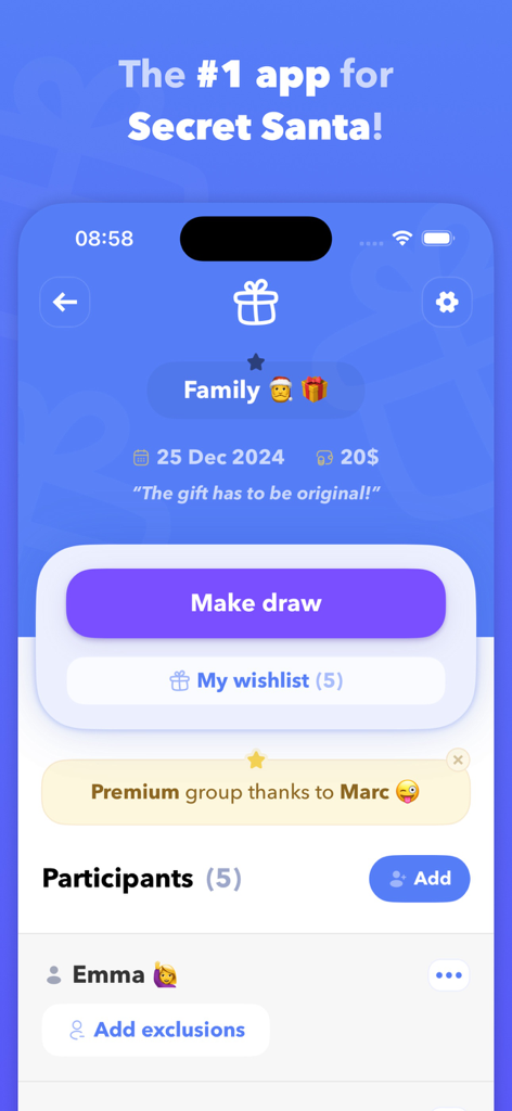 그룹 설정 및 참가자를 보여주는 Secret Santa 선물 교환을 정리하기 위한 모바일 앱 인터페이스