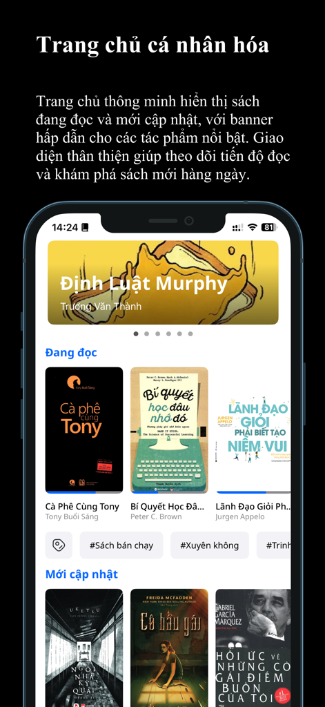 VnBuk: Sách hay chọn lọc - VnBukアプリのパーソナライズされたホームページ。現在の読書リストと新しい更新が表示されています。