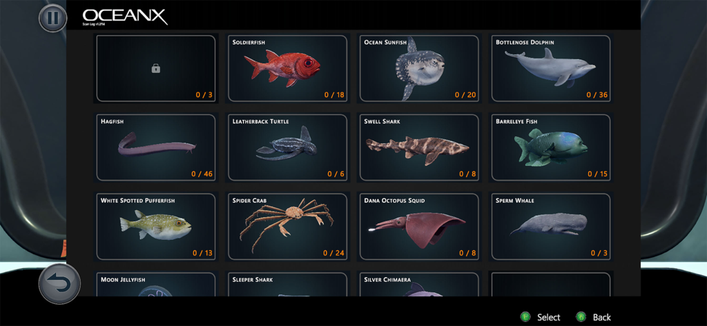 Beyond Blue - Um menu de catálogo no jogo Beyond Blue exibindo uma coleção de espécies marinhas, incluindo golfinhos, tartarugas e tubarões.