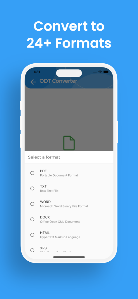 Tela de smartphone exibindo a interface do aplicativo Conversor ODT com uma lista de formatos de saída, incluindo PDF, Word e HTML.