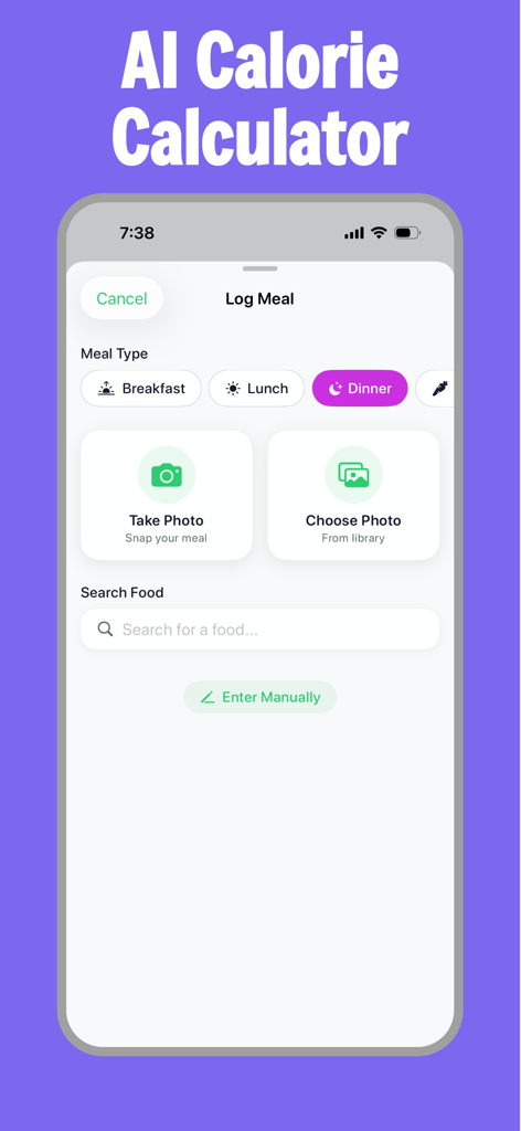 AI calorie calculator screen for logging meals in the RecipeScan app