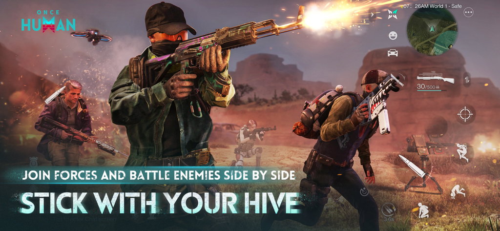 Once Human - Des personnages de Once Human unissant leurs forces pour combattre des ennemis dans un environnement désertique