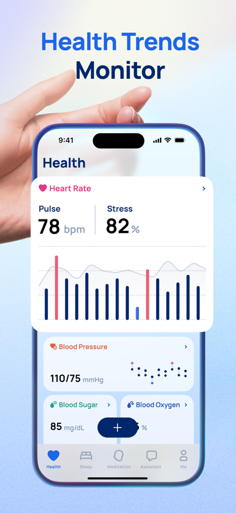 Ease app dashboard displaying health trends and vitals tracking including heart rate and blood pressure