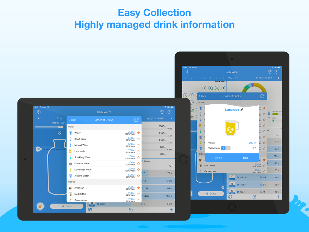 iPad용 Daily Water Pro 앱의 음료 옵션 및 볼륨 설정 목록