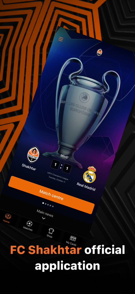 FC Shakhtar - FC Shakhtar official mobile application match center interface showing live score and champions league trophy