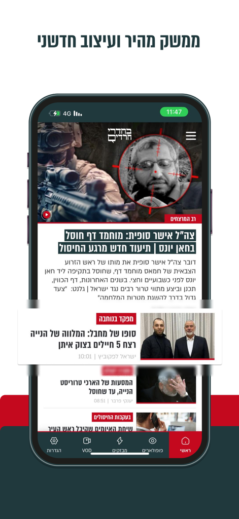 Behadrey Haredim news app interface displaying the main news feed and headlines for the Ultra Orthodox Jewish community