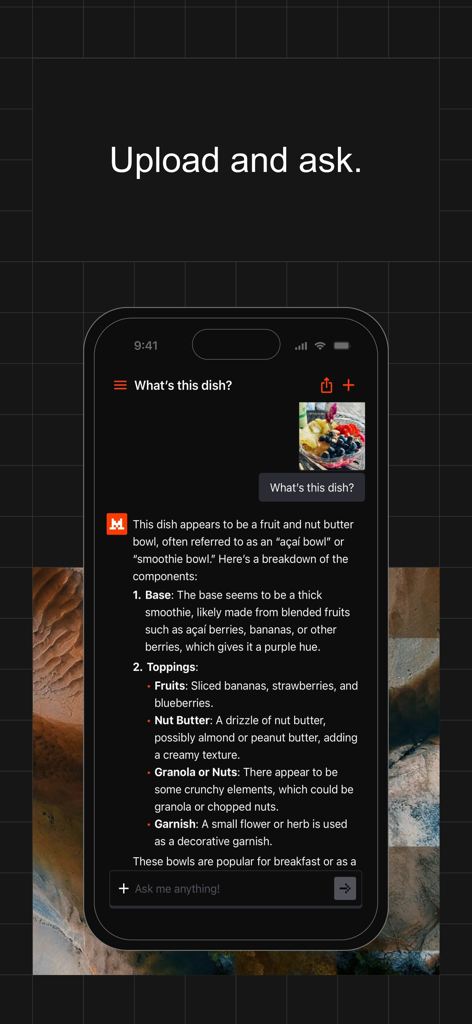 Le Chat by Mistral AI - Le Chat by Mistral AI mobile app identifying food ingredients from an uploaded photo of an acai bowl.