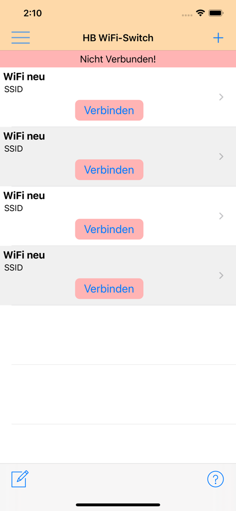 HB WiFi-Switch - Main interface of HB WiFi-Switch app showing a list of saved Wi-Fi networks with pink connect buttons