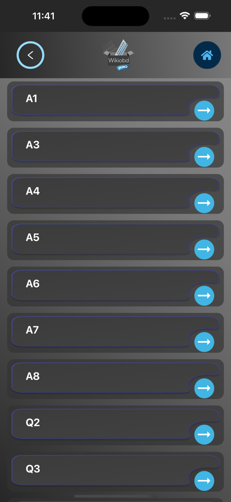 WIKI OBD PRO app interface showing Audi model selection list