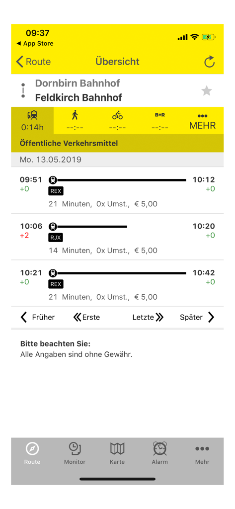Captura de pantalla de la aplicación cleVVVer mobil que muestra las conexiones de rutas de tren y los tiempos de tránsito entre Dornbirn y Feldkirch