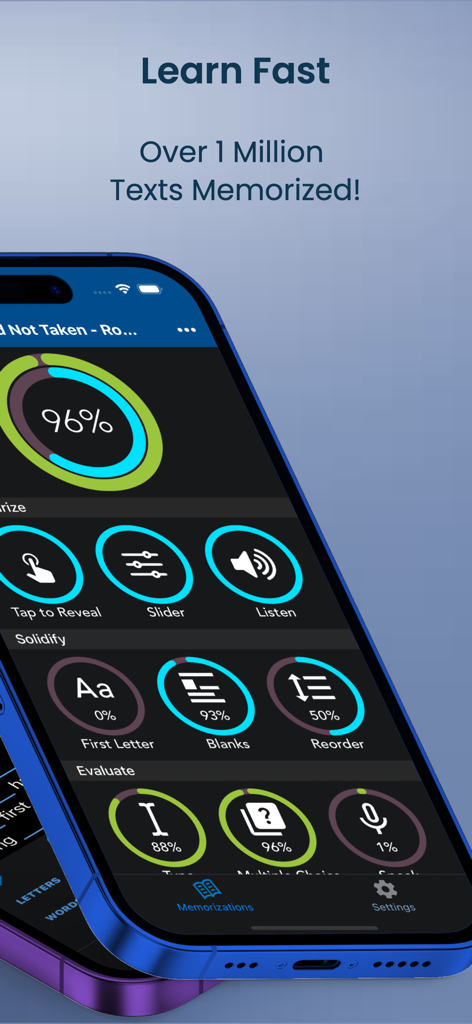 Memorize By Heart - Dashboard of the Memorize By Heart app showing progress tracking and various study tools like blanks and first letter recall.