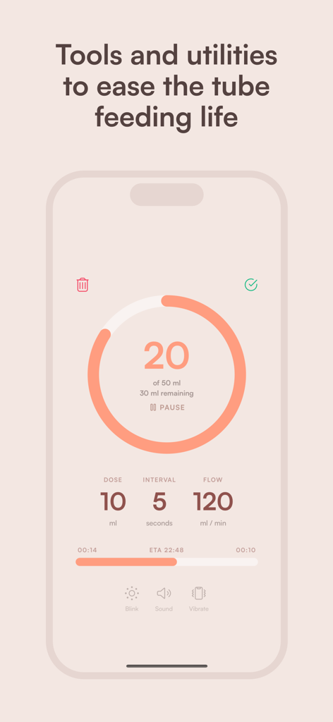Tubie - Tube Feeding - The Tubie app interface displaying an interval timer and pump speed calculator for managing tube feeding doses and flow rates.