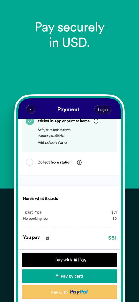 Trainline app checkout screen showing secure payment options in USD including Apple Pay and PayPal.