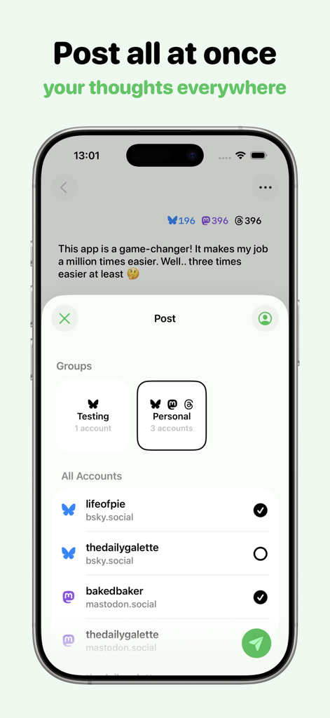 Croissant - Cross-Posting - Interface of the Croissant app on an iPhone for cross-posting to social networks like Bluesky and Mastodon