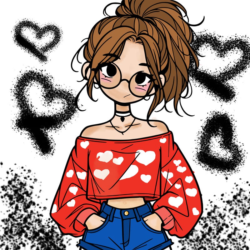 girl with a messy ponytail glasses a baggy crop top and jean shorts
