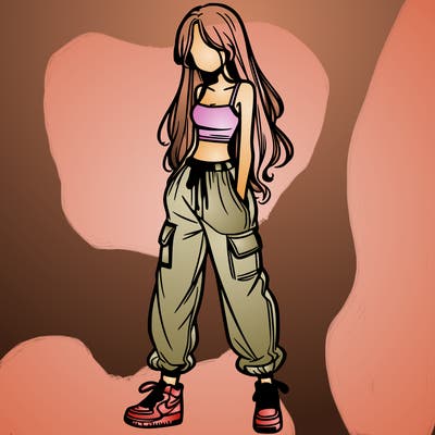 girl in baggy pants crop top and long hair