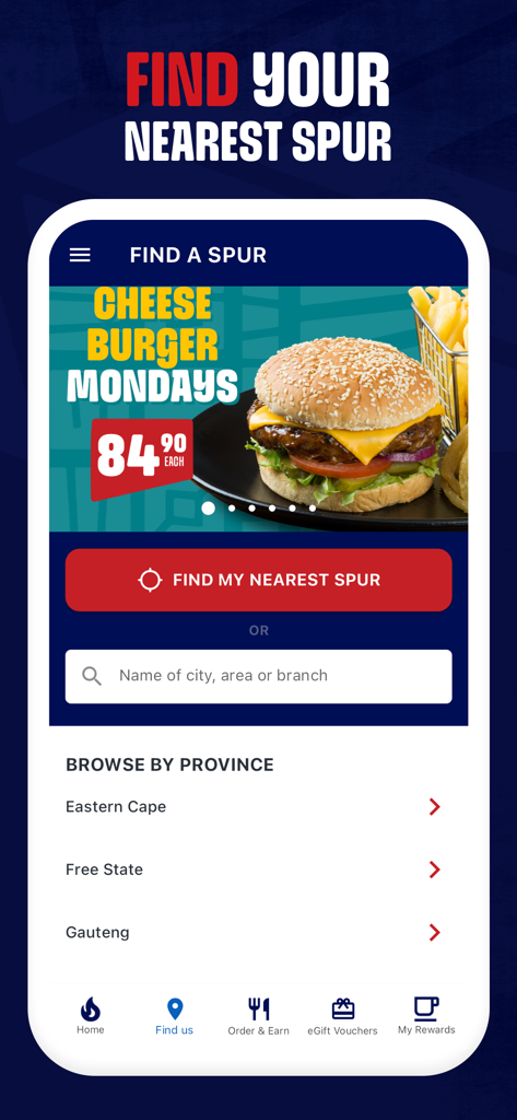 Spur Family Club - Spur Family Club app restaurant locator showing cheeseburger monday special and location search options