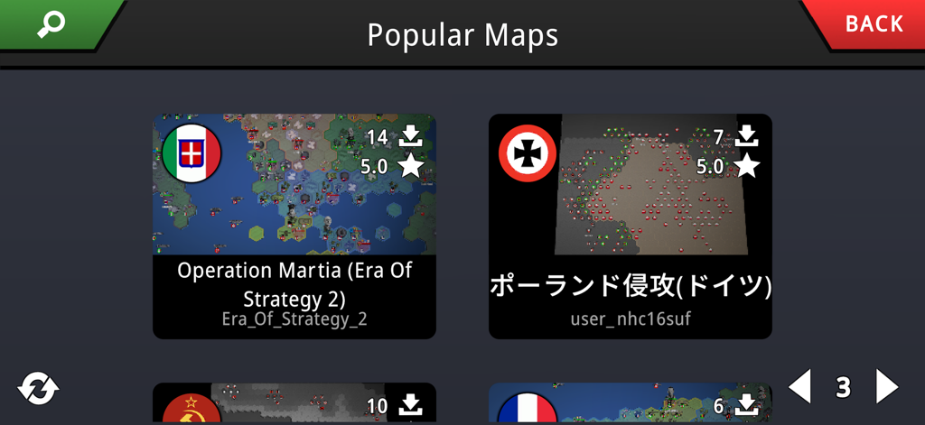 Pocket Panzers - Capture d'écran de l'écran des cartes populaires de Pocket Panzers présentant des scénarios de stratégie historiques générés par les utilisateurs et leurs évaluations.