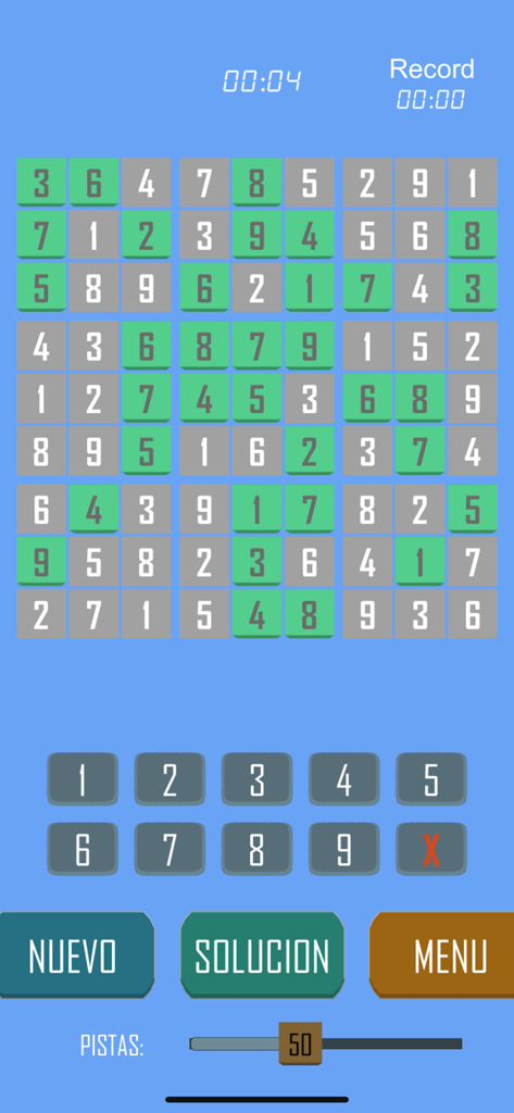 Sudokus y Sopa de Letras - スペイン語のメニューオプションと9x9グリッドを備えたモバイル数独ゲームインターフェース。