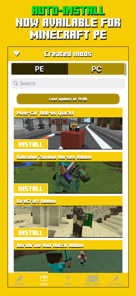 Mods for Minecraft PC & PE - A list of Minecraft PE and PC mods within the app interface featuring addons like Mine-Car and Rideable Zombie Horses with install buttons.