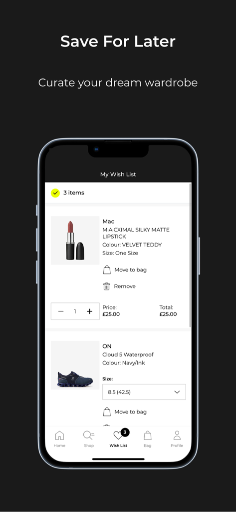 Interface of the Flannels app showing the wish list feature with saved designer items like MAC lipstick and ON running shoes