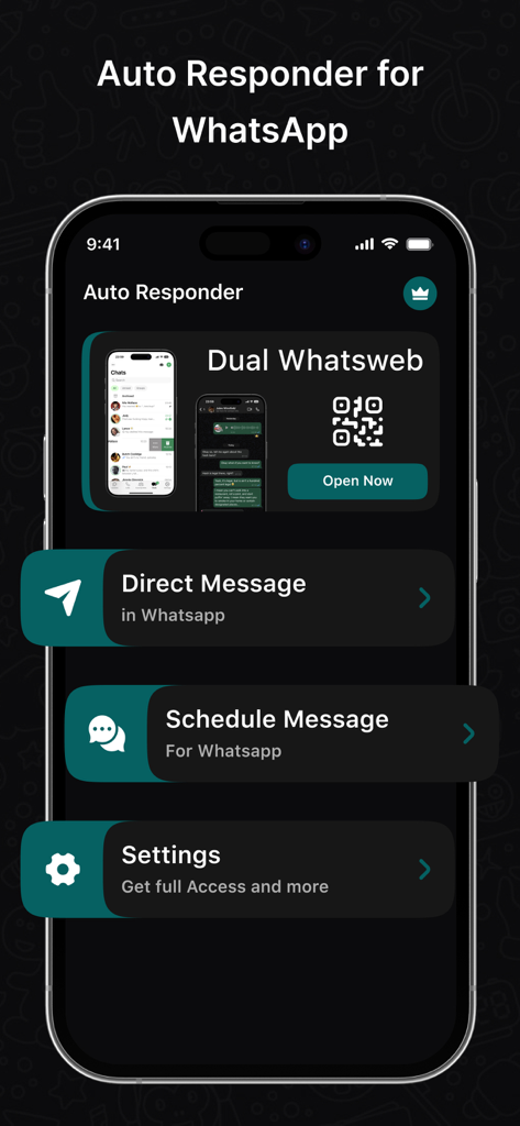 AutoResponder for WA - Home screen of the AutoResponder for WA app displaying options for Dual Whatsweb, Direct Message, and Schedule Message.